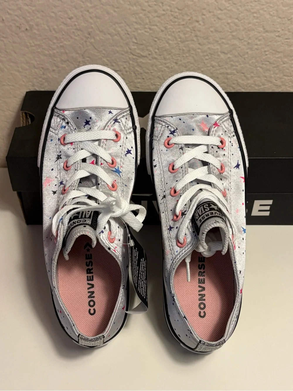 Converse Chuck Taylor All Star OX Junior 3 Silver Star Print Glitter 665360F NWT